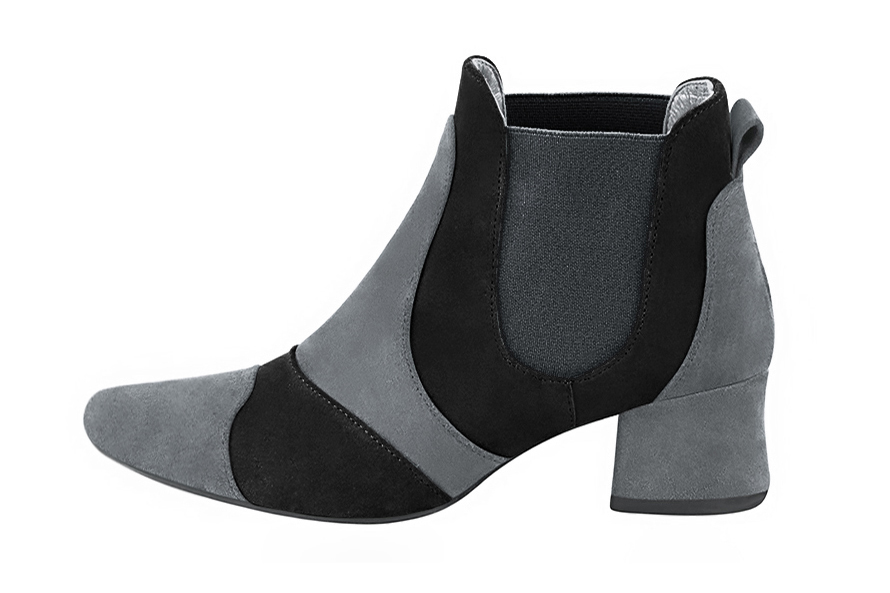 Women's gray and pitch black two-tone chelsea boots with round toe and low flared heel - Profile view